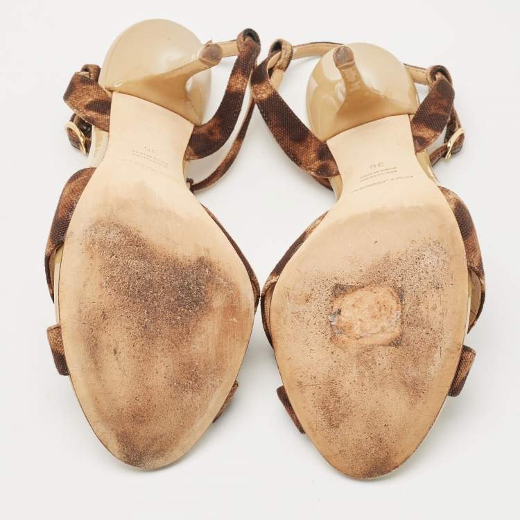 Pre Owned Dolce & Gabbana Brown/Black Canvas T strap Sandals Size 36