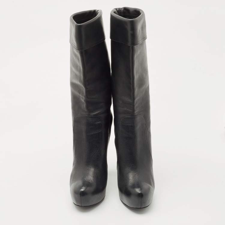 Pre Owned Dolce & Gabbana Black Leather Calf Length Boots Size 37.5