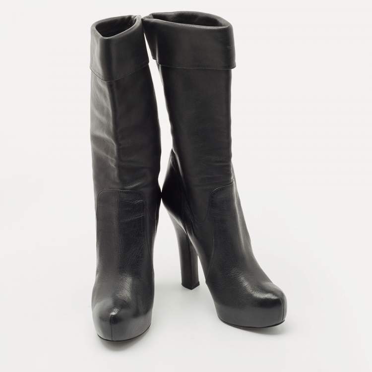 Pre Owned Dolce & Gabbana Black Leather Calf Length Boots Size 37.5