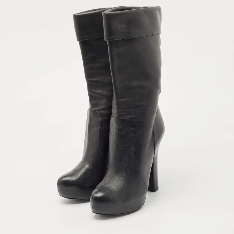 Pre Owned Dolce & Gabbana Black Leather Calf Length Boots Size 37.5