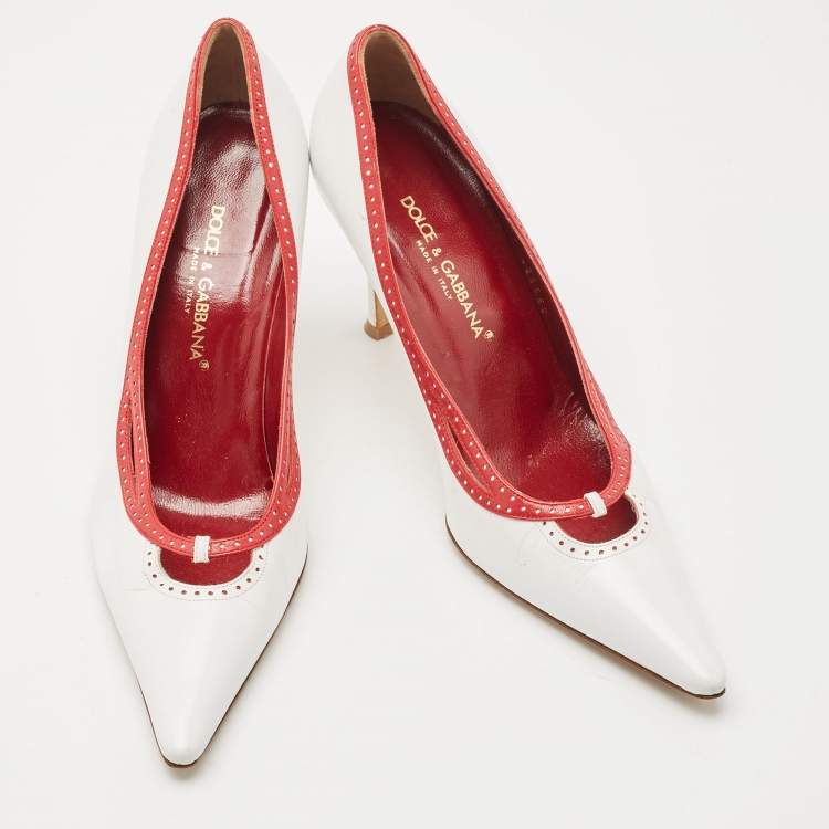 مملوكة مسبقًا Dolce & Gabbana White / Red Leather Perforated Pointed Toe Platform Pumps Size 38