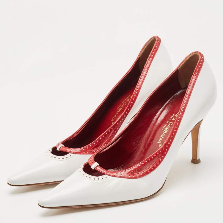 مملوكة مسبقًا Dolce & Gabbana White / Red Leather Perforated Pointed Toe Platform Pumps Size 38