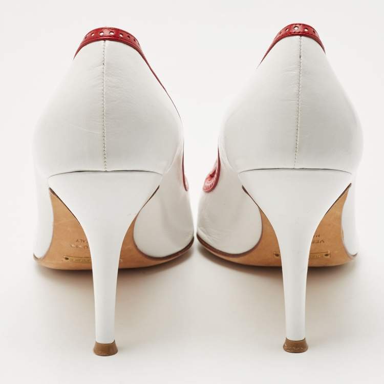 مملوكة مسبقًا Dolce & Gabbana White / Red Leather Perforated Pointed Toe Platform Pumps Size 38