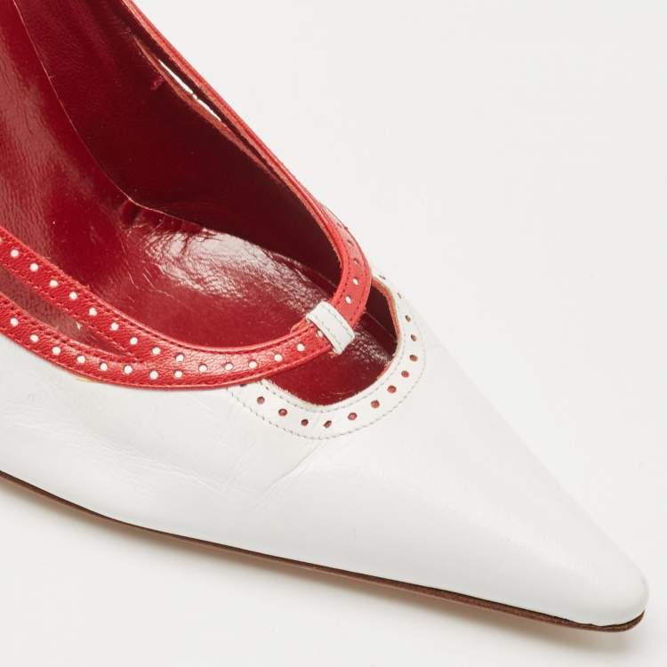مملوكة مسبقًا Dolce & Gabbana White / Red Leather Perforated Pointed Toe Platform Pumps Size 38