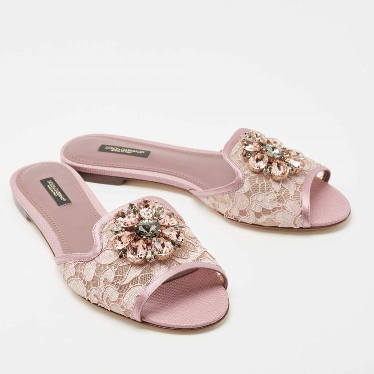 مملوكة مسبقًا Dolce & Gabbana Pink Satin and Lace Sofia Crystal Embellished Slide Flat Sandals Size 38.5