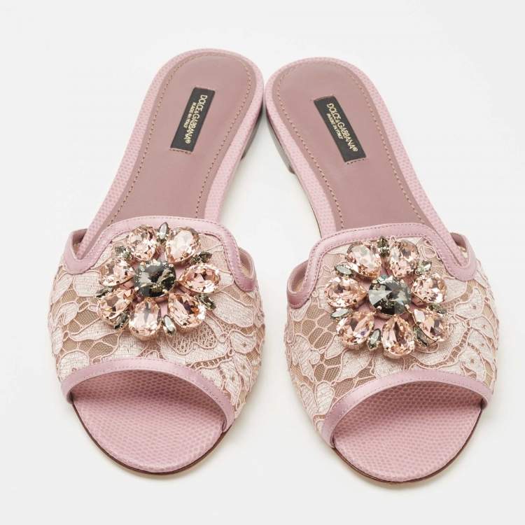 مملوكة مسبقًا Dolce & Gabbana Pink Satin and Lace Sofia Crystal Embellished Slide Flat Sandals Size 38.5