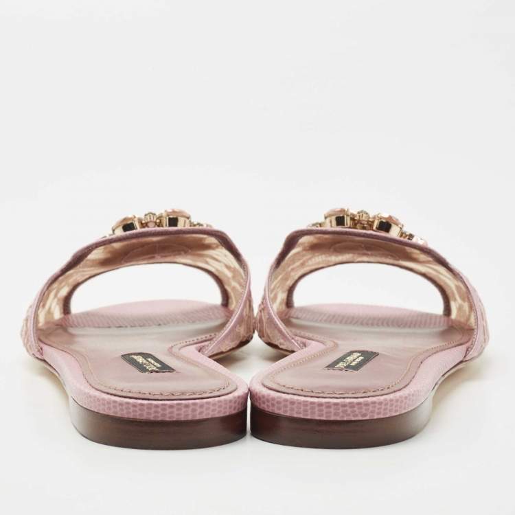 مملوكة مسبقًا Dolce & Gabbana Pink Satin and Lace Sofia Crystal Embellished Slide Flat Sandals Size 38.5
