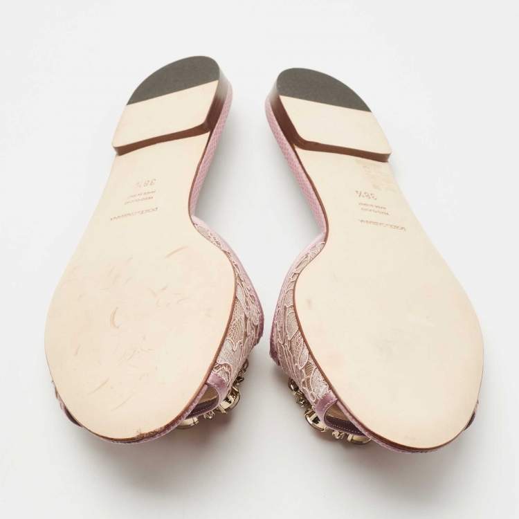 مملوكة مسبقًا Dolce & Gabbana Pink Satin and Lace Sofia Crystal Embellished Slide Flat Sandals Size 38.5