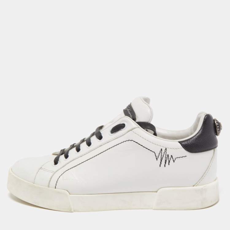 Pre Owned Dolce & Gabbana White Leather Heartbeat Embroidered Sneakers Size 37.5