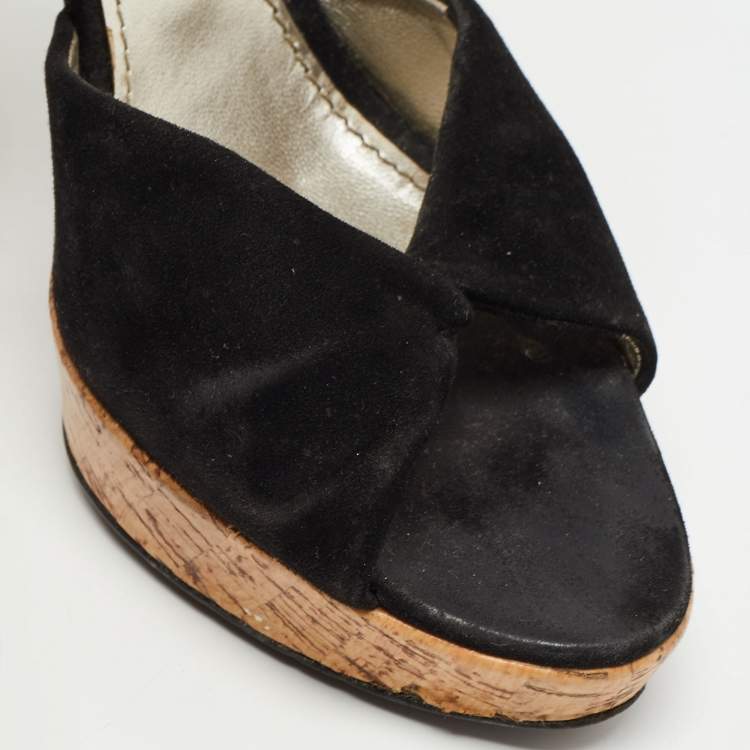 Pre Owned Dolce & Gabbana Black Suede Lace Up Ankle Strap Cork Platform Heel Sandals Size 38.5