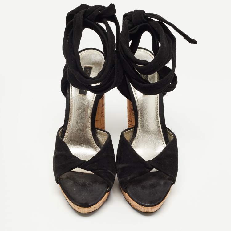 Pre Owned Dolce & Gabbana Black Suede Lace Up Ankle Strap Cork Platform Heel Sandals Size 38.5