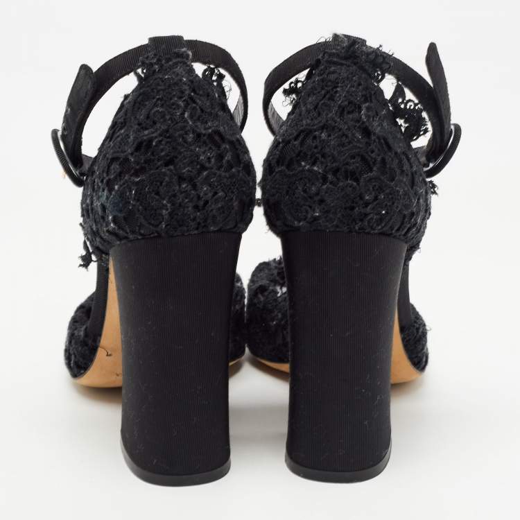 Pre Owned Dolce & Gabbana Black Mesh and Lace Ankle Strap Sandals Size 39