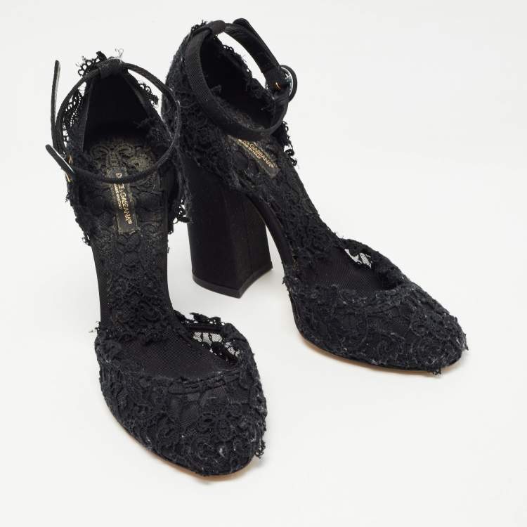 Pre Owned Dolce & Gabbana Black Mesh and Lace Ankle Strap Sandals Size 39