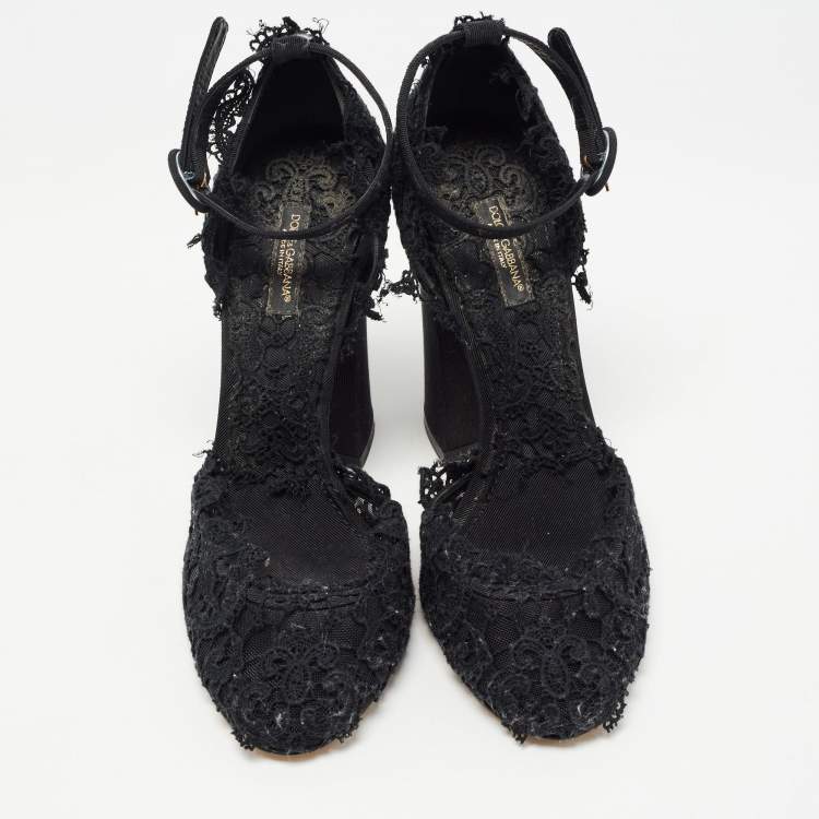 Pre Owned Dolce & Gabbana Black Mesh and Lace Ankle Strap Sandals Size 39
