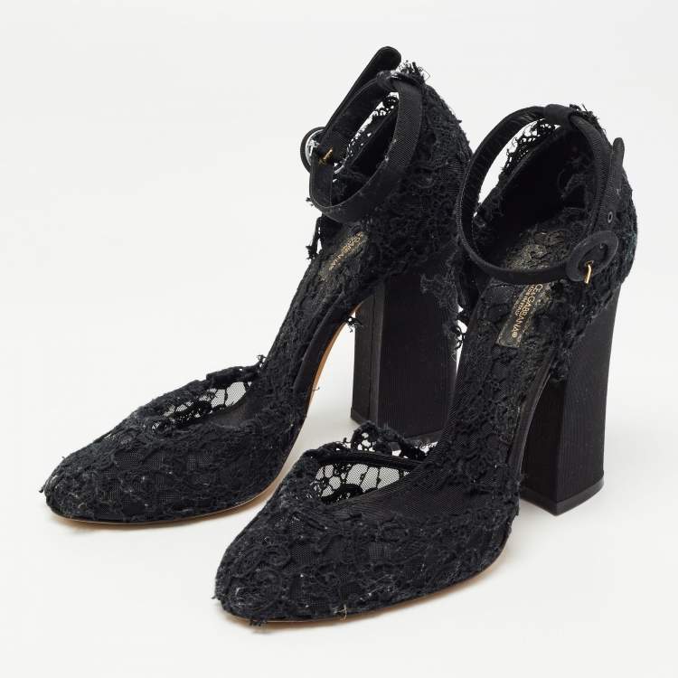Pre Owned Dolce & Gabbana Black Mesh and Lace Ankle Strap Sandals Size 39