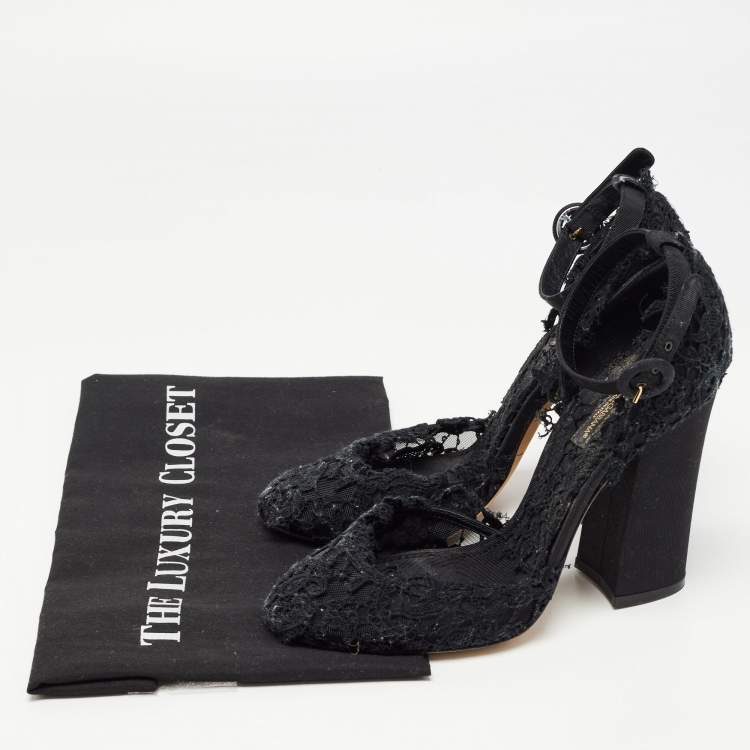 Pre Owned Dolce & Gabbana Black Mesh and Lace Ankle Strap Sandals Size 39