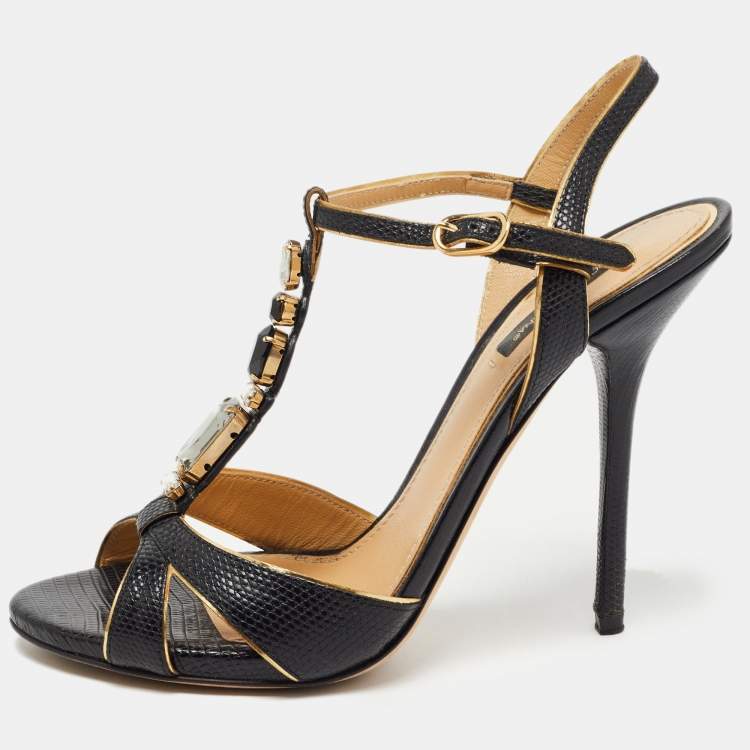 مملوكة مسبقًا Dolce & Gabbana Black Lizard Embossed Leather Crystal Embellished T-Strap Sandals Size 39