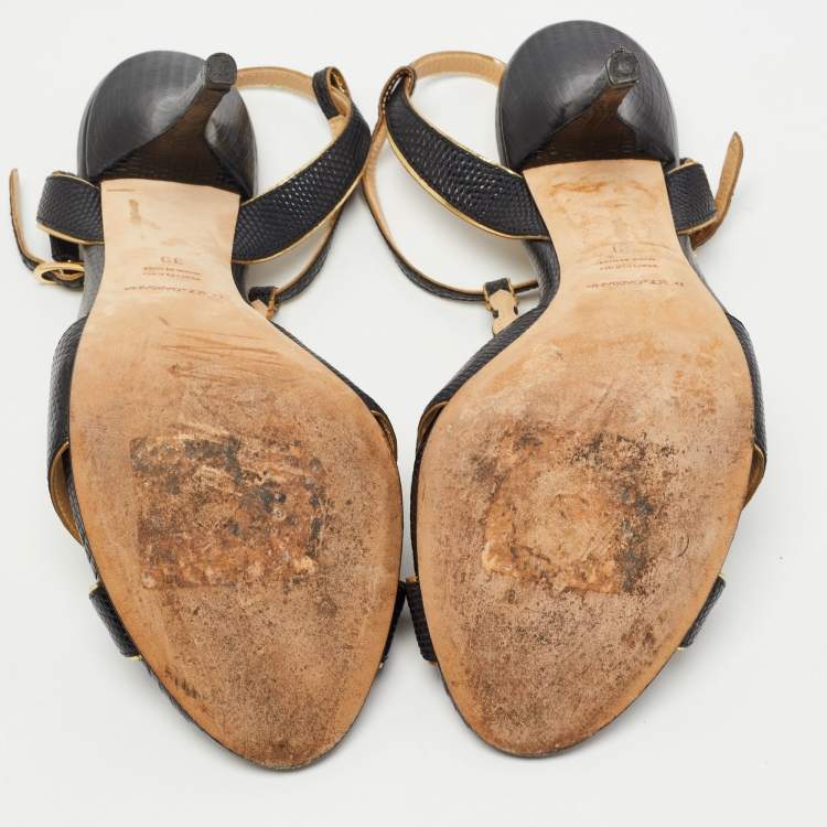 مملوكة مسبقًا Dolce & Gabbana Black Lizard Embossed Leather Crystal Embellished T-Strap Sandals Size 39