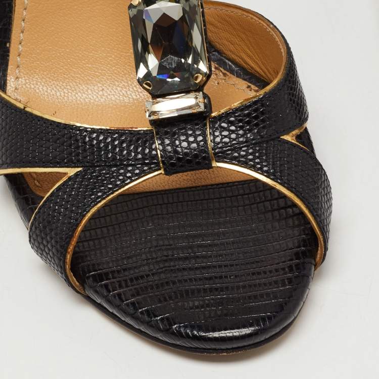 مملوكة مسبقًا Dolce & Gabbana Black Lizard Embossed Leather Crystal Embellished T-Strap Sandals Size 39