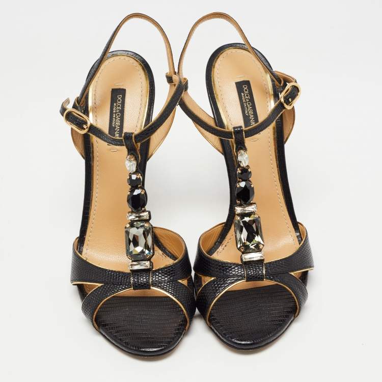 مملوكة مسبقًا Dolce & Gabbana Black Lizard Embossed Leather Crystal Embellished T-Strap Sandals Size 39