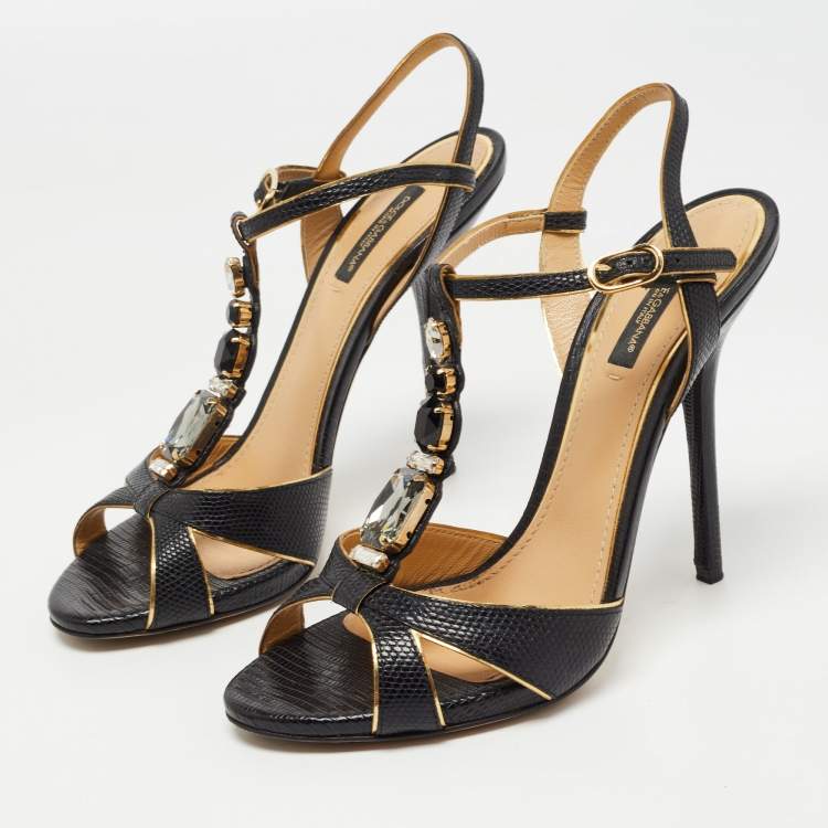 مملوكة مسبقًا Dolce & Gabbana Black Lizard Embossed Leather Crystal Embellished T-Strap Sandals Size 39