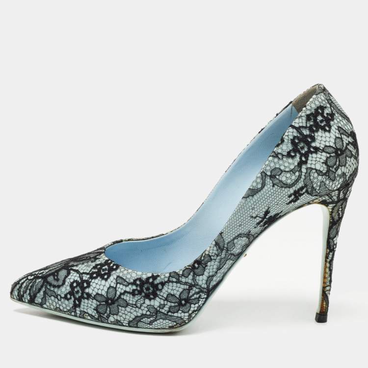 Pre Owned Dolce & Gabbana Black/Blue Patent and  Lace Pointed Toe Pumps Size 36