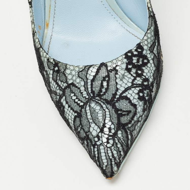 Pre Owned Dolce & Gabbana Black/Blue Patent and  Lace Pointed Toe Pumps Size 36