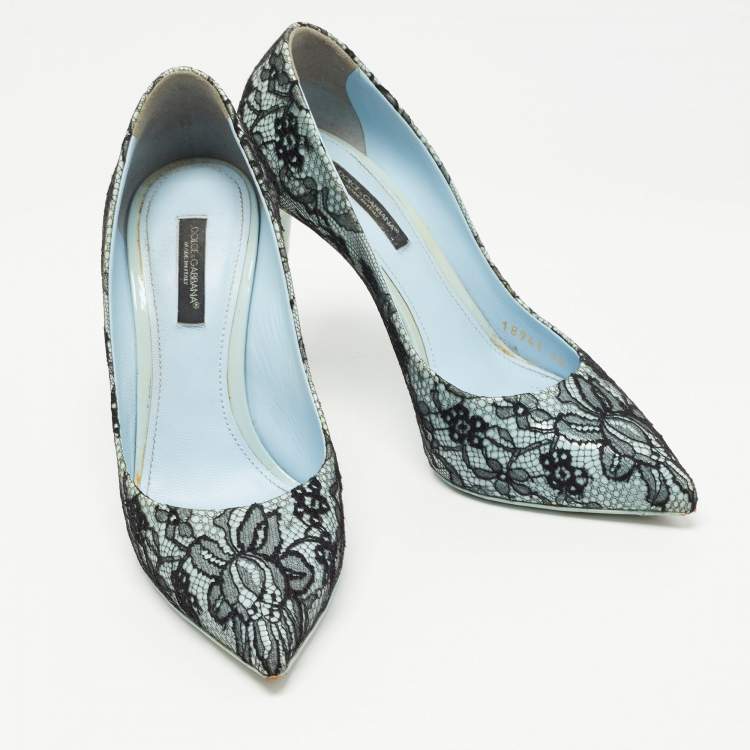 Pre Owned Dolce & Gabbana Black/Blue Patent and  Lace Pointed Toe Pumps Size 36