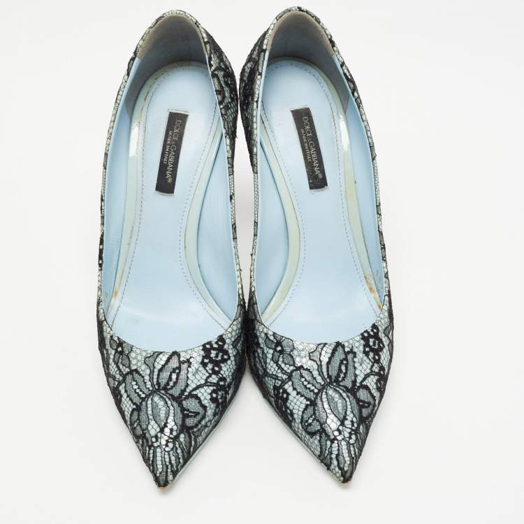 Pre Owned Dolce & Gabbana Black/Blue Patent and  Lace Pointed Toe Pumps Size 36