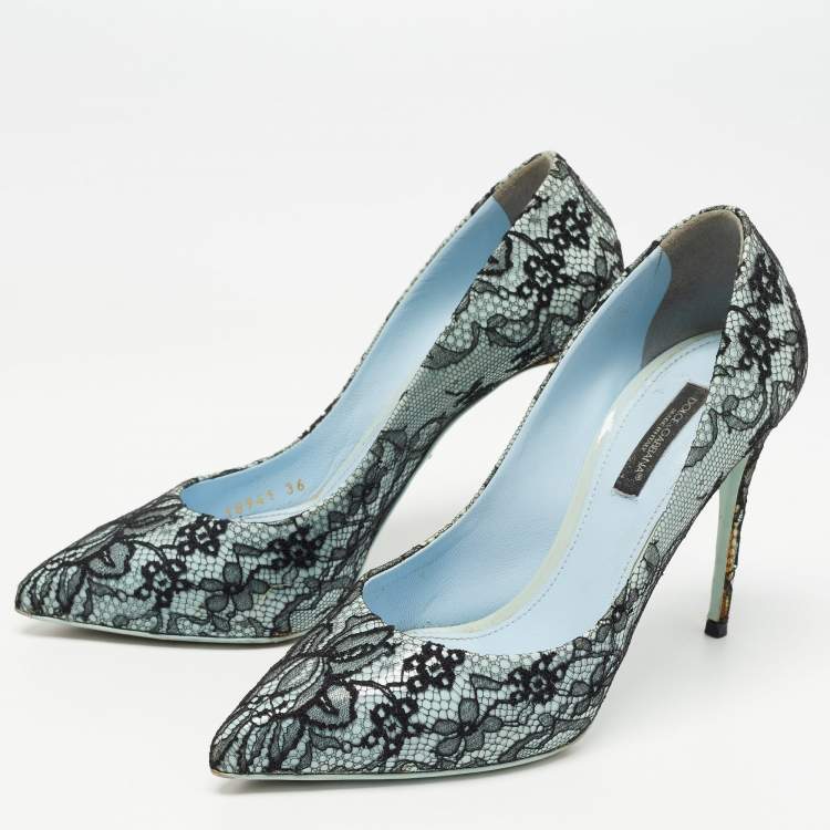 Pre Owned Dolce & Gabbana Black/Blue Patent and  Lace Pointed Toe Pumps Size 36