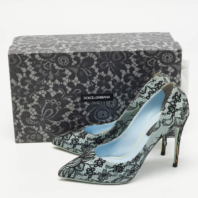 Pre Owned Dolce & Gabbana Black/Blue Patent and  Lace Pointed Toe Pumps Size 36