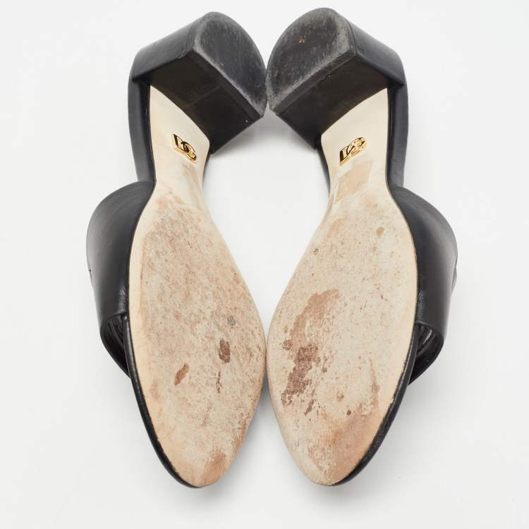 Pre Owned Dolce & Gabbana Black Leather Laser Cut Logo Slide Sandals Size 41