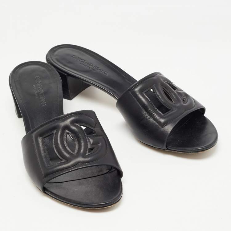 Pre Owned Dolce & Gabbana Black Leather Laser Cut Logo Slide Sandals Size 41