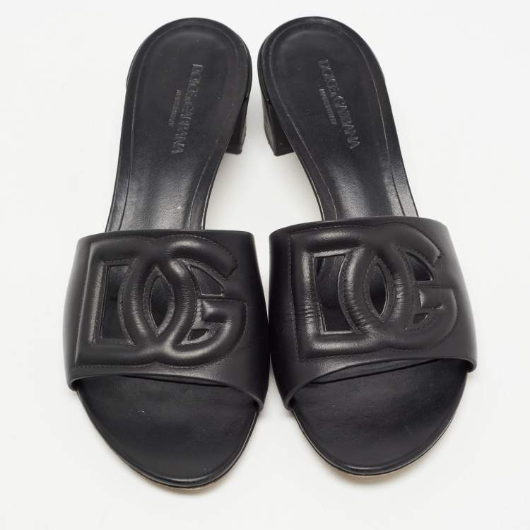 Pre Owned Dolce & Gabbana Black Leather Laser Cut Logo Slide Sandals Size 41
