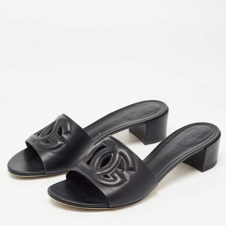 Pre Owned Dolce & Gabbana Black Leather Laser Cut Logo Slide Sandals Size 41