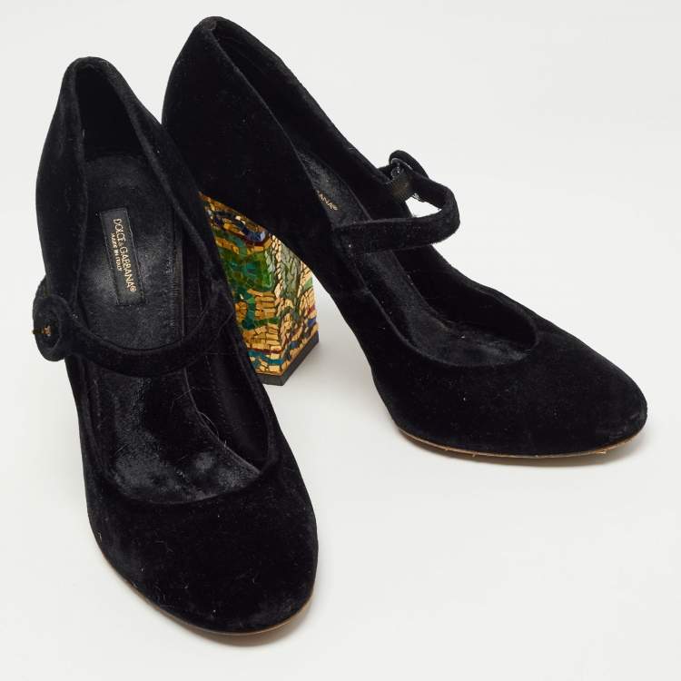 Pre Owned Dolce & Gabbana Black Velvet Embellished Heel Mary Jane Pumps Size 39