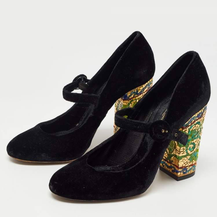 Pre Owned Dolce & Gabbana Black Velvet Embellished Heel Mary Jane Pumps Size 39