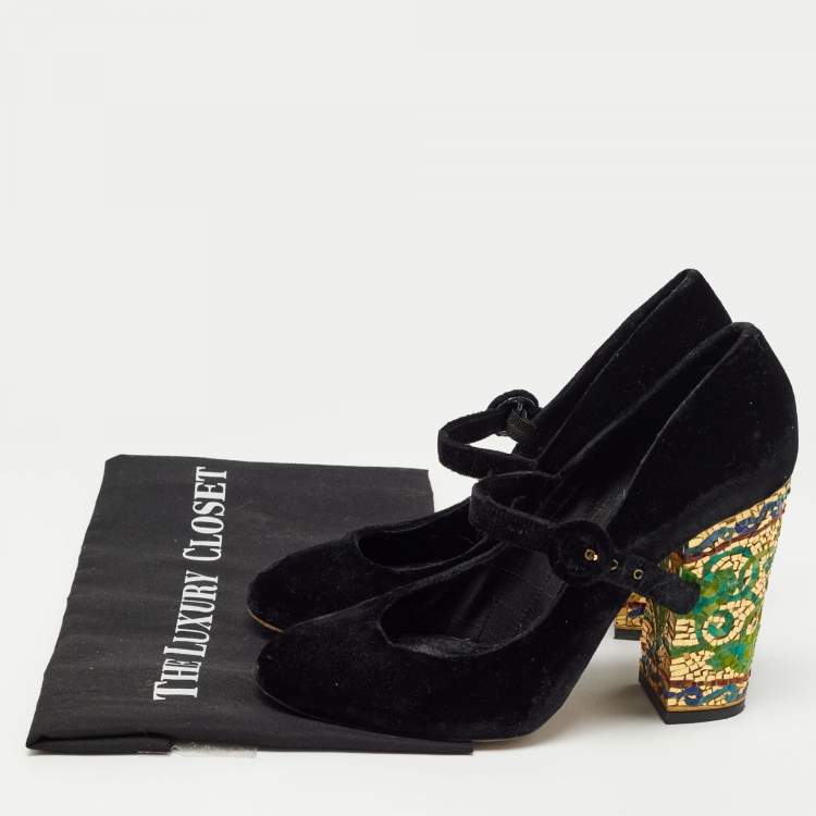 Pre Owned Dolce & Gabbana Black Velvet Embellished Heel Mary Jane Pumps Size 39
