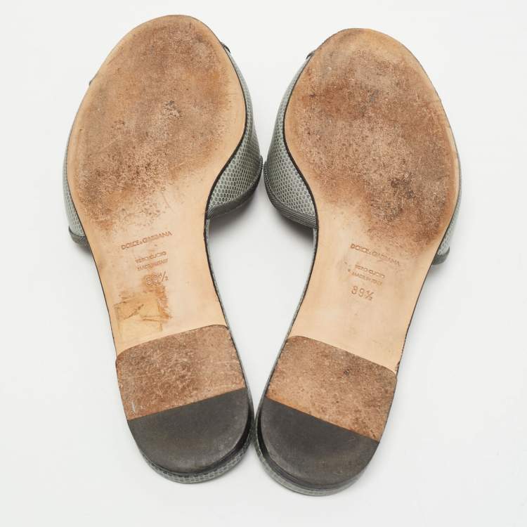 Pre Owned Dolce & Gabbana Grey Lizard Embossed Leather Sofia Slides Size 39.5