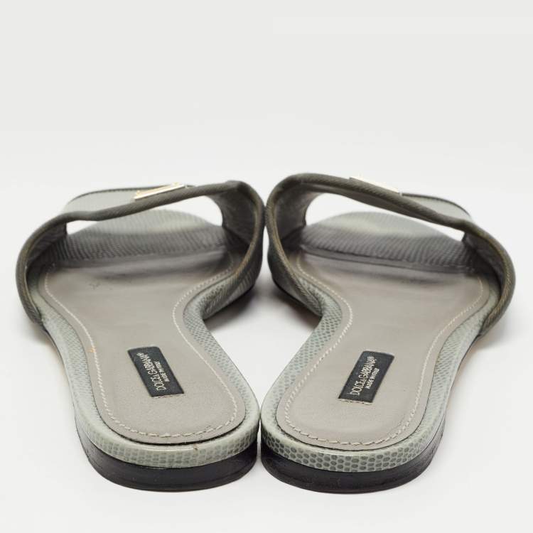 Pre Owned Dolce & Gabbana Grey Lizard Embossed Leather Sofia Slides Size 39.5