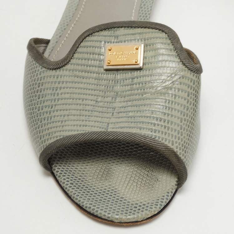 Pre Owned Dolce & Gabbana Grey Lizard Embossed Leather Sofia Slides Size 39.5