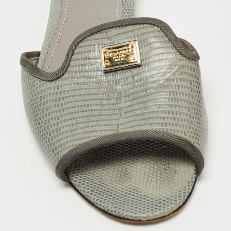Pre Owned Dolce & Gabbana Grey Lizard Embossed Leather Sofia Slides Size 39.5