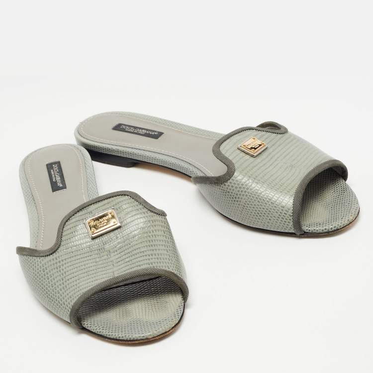 Pre Owned Dolce & Gabbana Grey Lizard Embossed Leather Sofia Slides Size 39.5