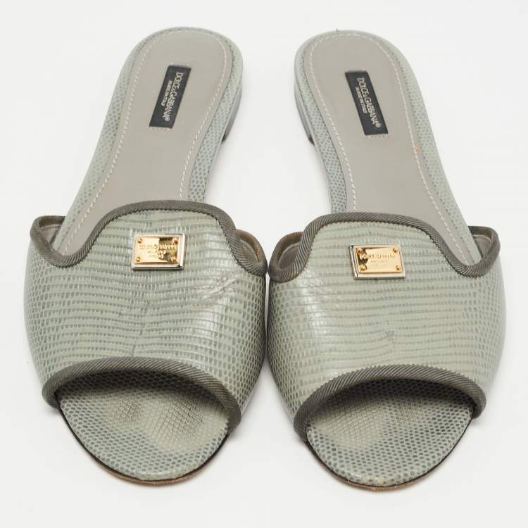 Pre Owned Dolce & Gabbana Grey Lizard Embossed Leather Sofia Slides Size 39.5