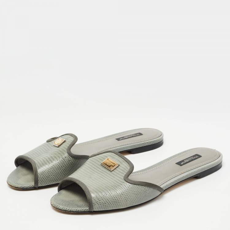 Pre Owned Dolce & Gabbana Grey Lizard Embossed Leather Sofia Slides Size 39.5