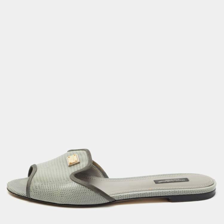 Pre Owned Dolce & Gabbana Grey Lizard Embossed Leather Sofia Slides Size 39.5