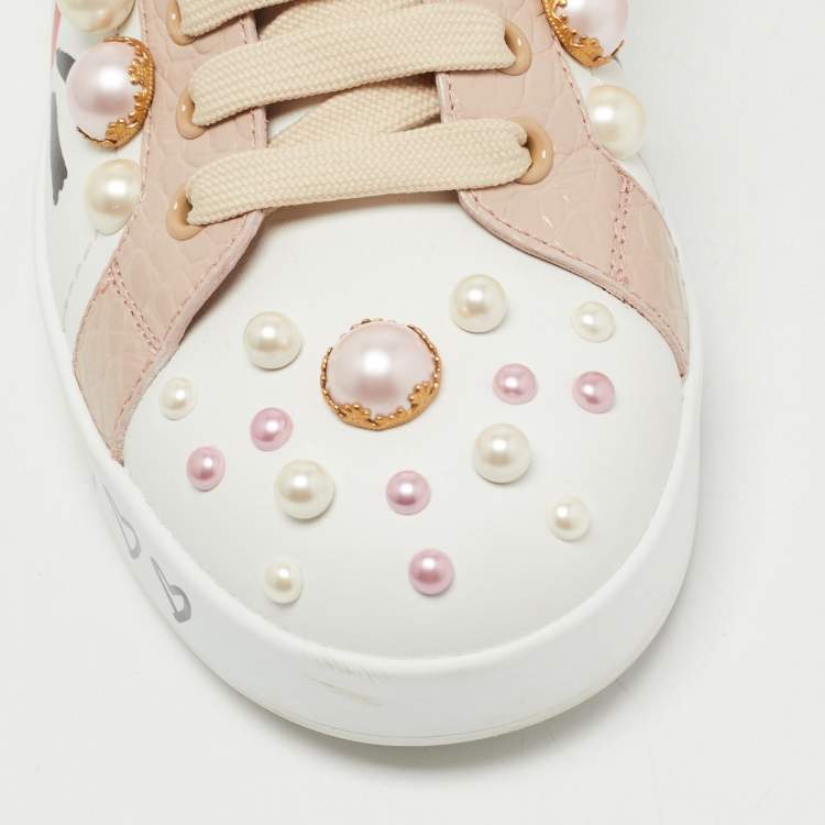 Pre Owned Dolce & Gabbana White/Pink Leather Portofino Low Top Sneakers Size 38