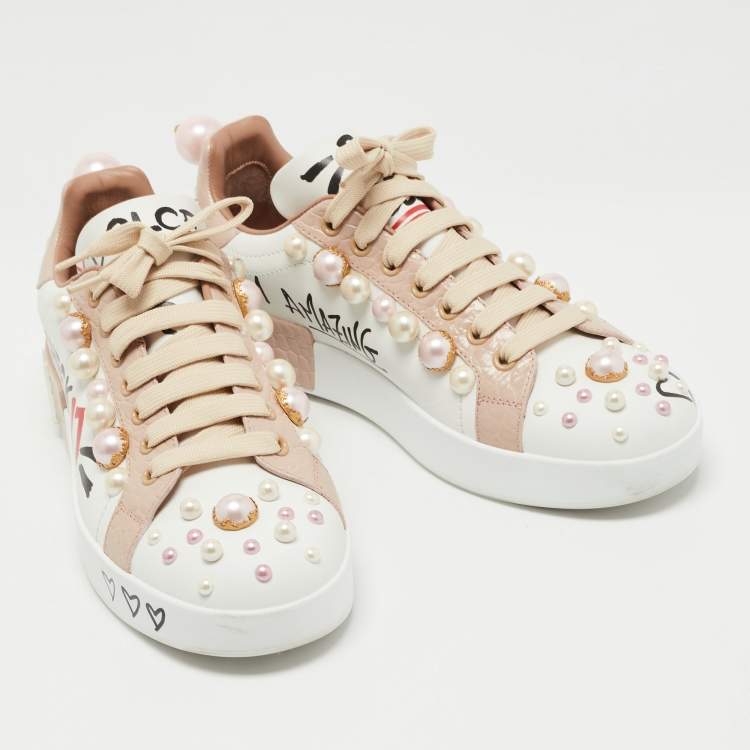 Pre Owned Dolce & Gabbana White/Pink Leather Portofino Low Top Sneakers Size 38