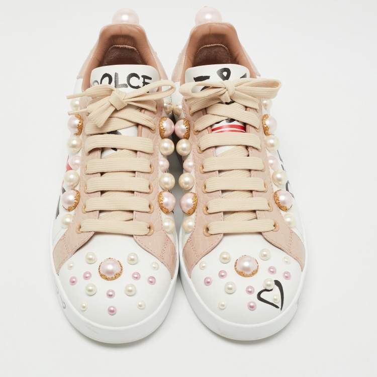 Pre Owned Dolce & Gabbana White/Pink Leather Portofino Low Top Sneakers Size 38