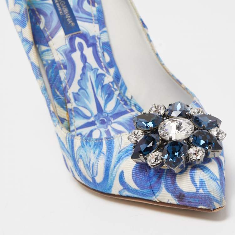 Pre Owned Dolce & Gabbana Blue  Print Brocade Fabric Bellucci Crystal Embellished Pointed Toe Pumps Size 38